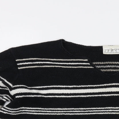 Villager Womens Black V-Neck Striped Ramie Pullover Jumper Size L