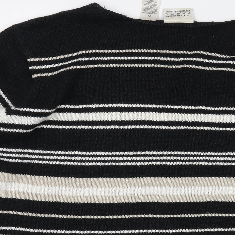 Villager Womens Black V-Neck Striped Ramie Pullover Jumper Size L