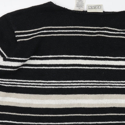 Villager Womens Black V-Neck Striped Ramie Pullover Jumper Size L