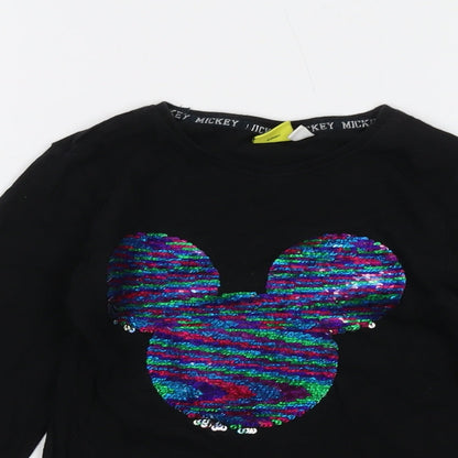 Disney Girls Black Cotton Basic T-Shirt Size 7-8 Years Crew Neck Pullover - Mickey Mouse