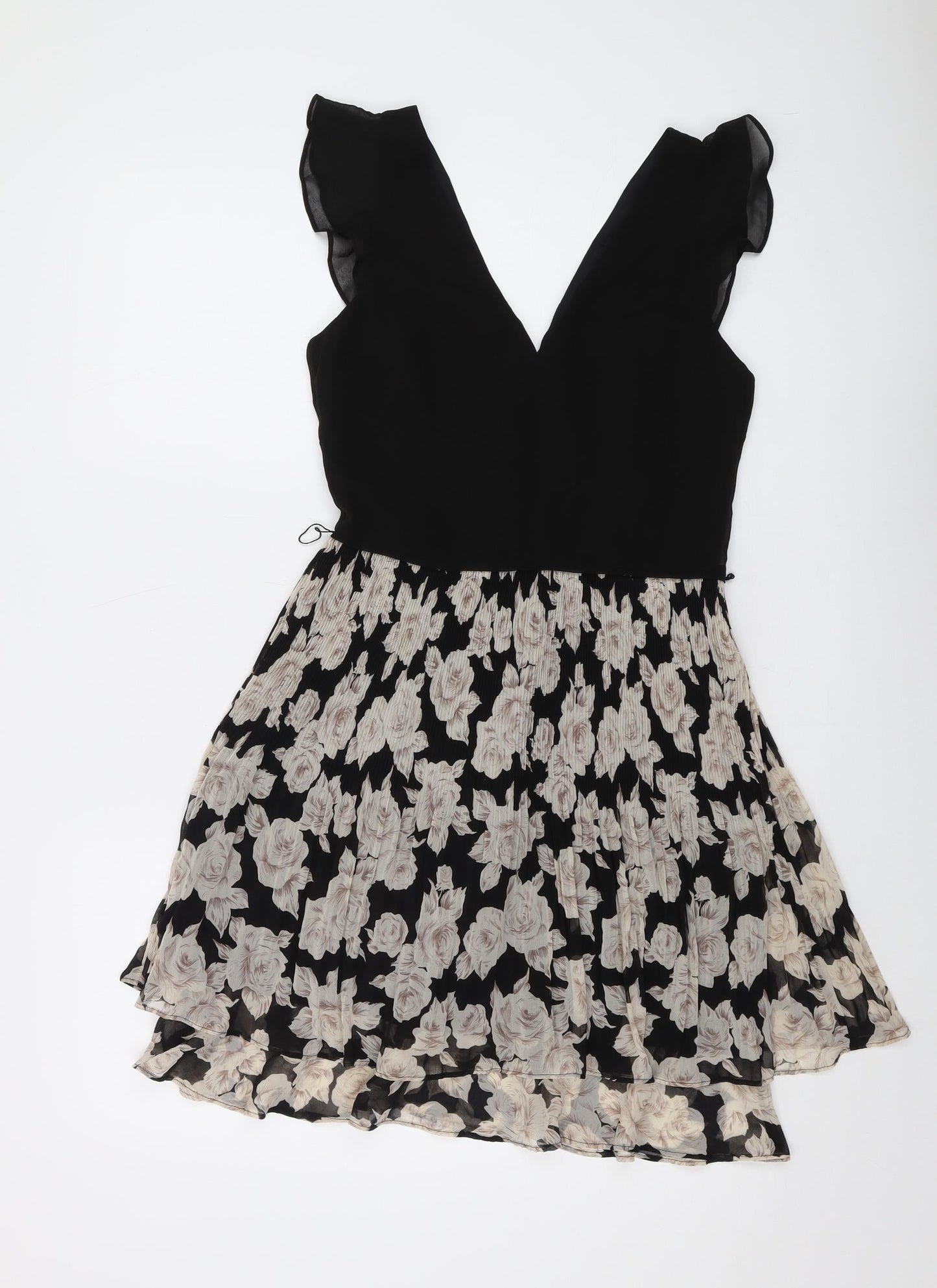 Oasis Womens Black Floral Polyester A-Line Size 6 V-Neck Zip