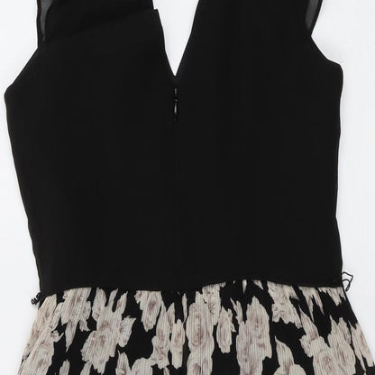 Oasis Womens Black Floral Polyester A-Line Size 6 V-Neck Zip