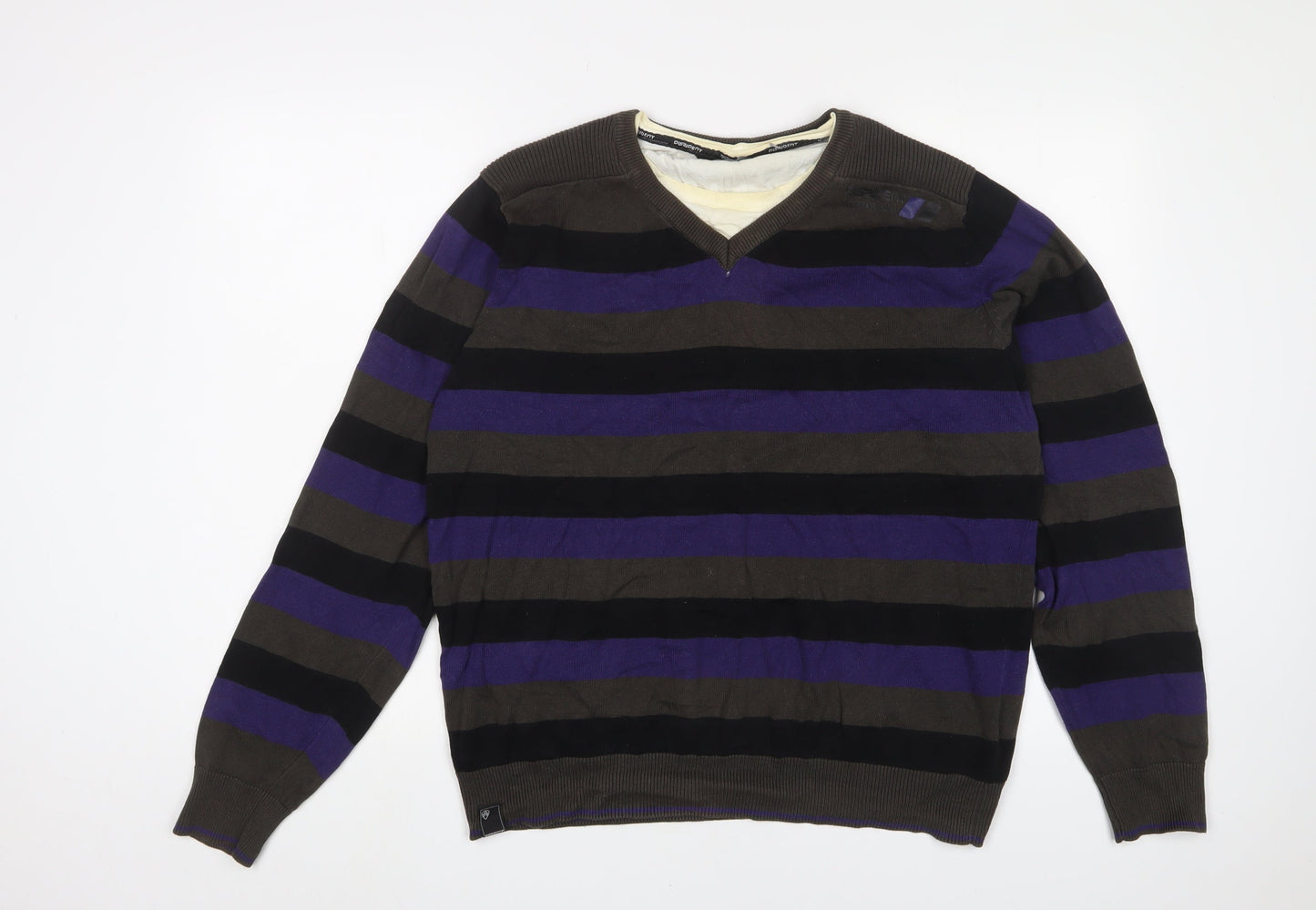 Dissident Mens Purple Crew Neck Striped Cotton Pullover Jumper Size XL Long Sleeve - Logo