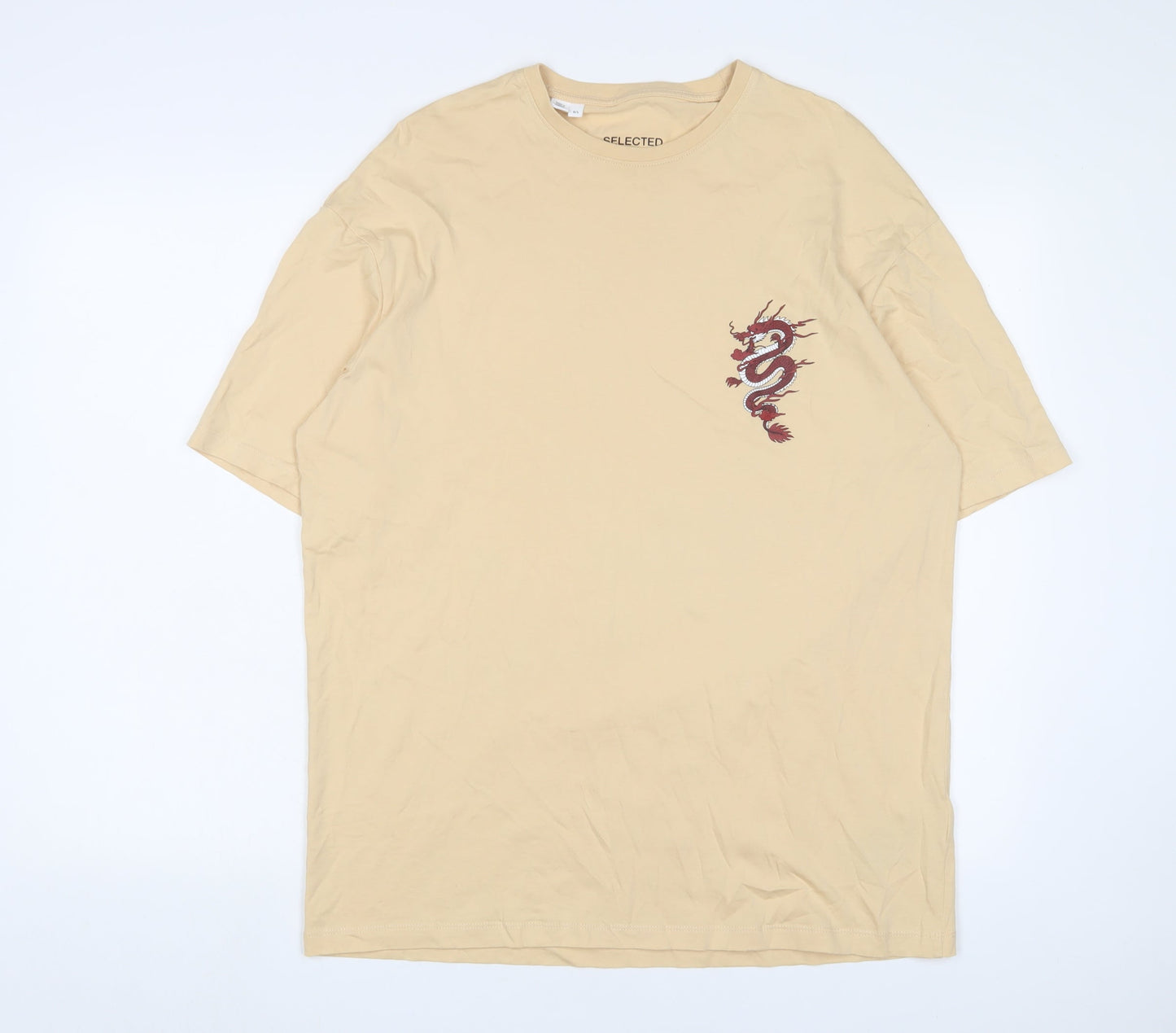 Selected Homme Mens Beige Cotton T-Shirt Size L Crew Neck - Dragon