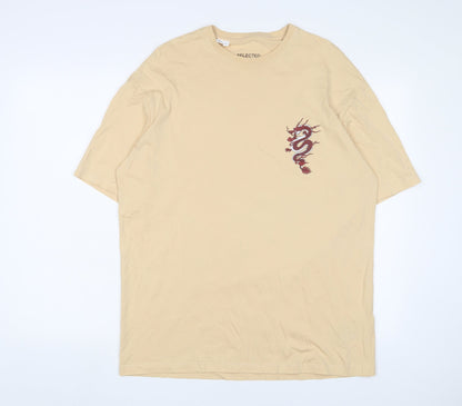Selected Homme Mens Beige Cotton T-Shirt Size L Crew Neck - Dragon