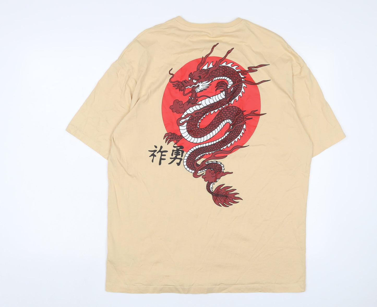 Selected Homme Mens Beige Cotton T-Shirt Size L Crew Neck - Dragon