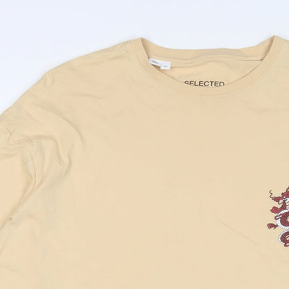 Selected Homme Mens Beige Cotton T-Shirt Size L Crew Neck - Dragon