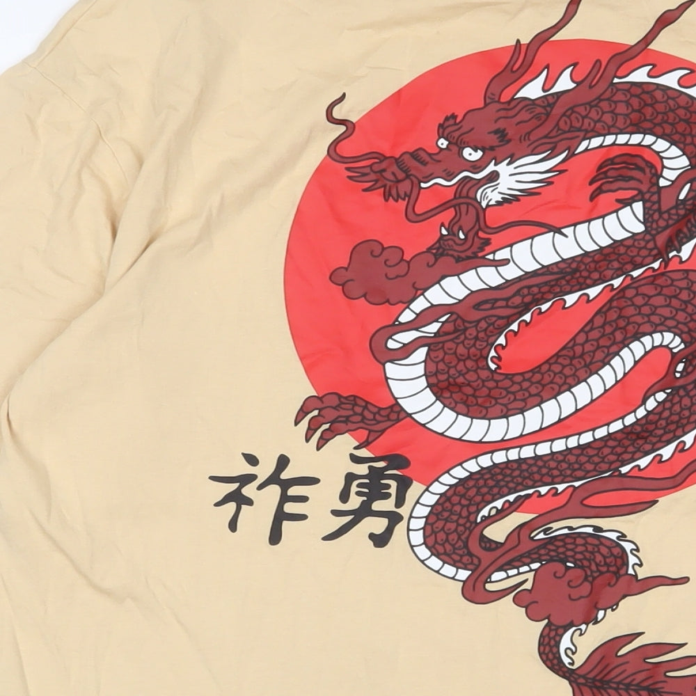 Selected Homme Mens Beige Cotton T-Shirt Size L Crew Neck - Dragon