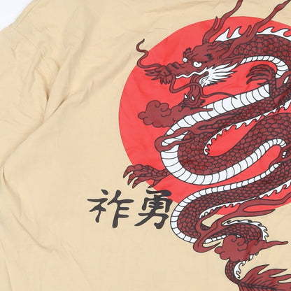 Selected Homme Mens Beige Cotton T-Shirt Size L Crew Neck - Dragon