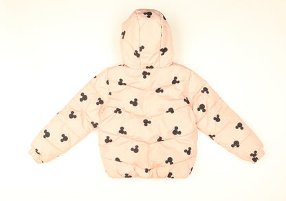 Disney Girls Pink Geometric Puffer Jacket Coat Size 10-11 Years Zip - Mickey Mouse