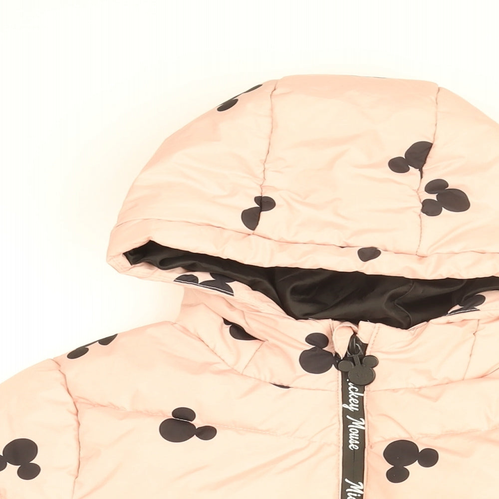 Disney Girls Pink Geometric Puffer Jacket Coat Size 10-11 Years Zip - Mickey Mouse