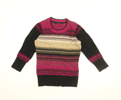 Betty Jackson Black Womens Multicoloured Striped Cotton Basic T-Shirt Size 8 Round Neck