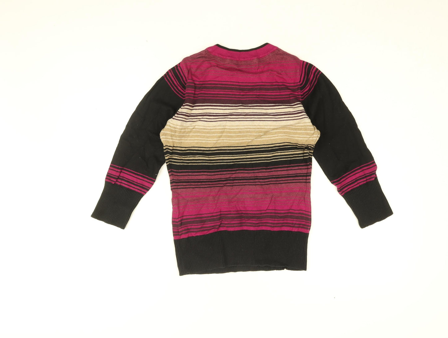 Betty Jackson Black Womens Multicoloured Striped Cotton Basic T-Shirt Size 8 Round Neck