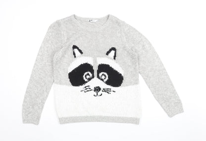 BHS Womens Grey Round Neck Acrylic Pullover Jumper Size 16 - Badger Print