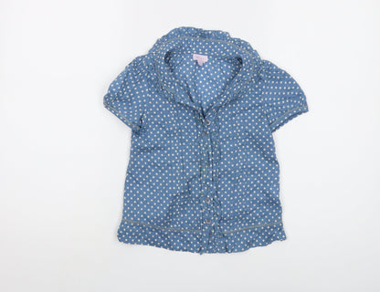 Monsoon Girls Blue Polka Dot Cotton Basic Button-Up Size 6-7 Years Collared Button