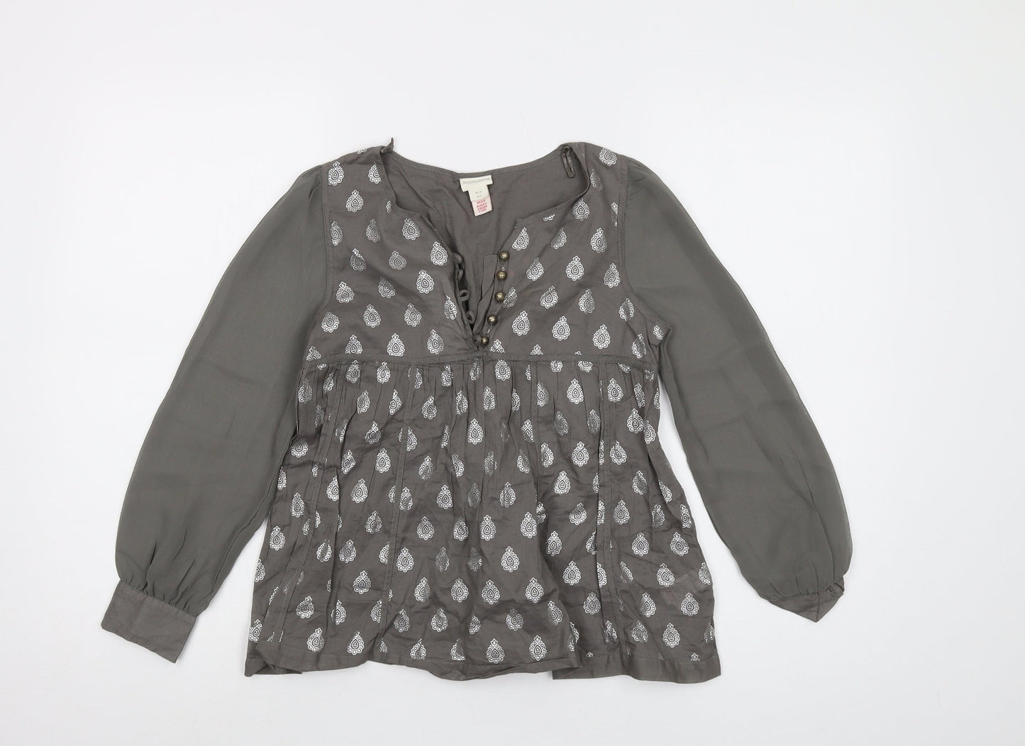 Monsoon Girls Grey Geometric Cotton Basic Blouse Size 10-11 Years V-Neck Button