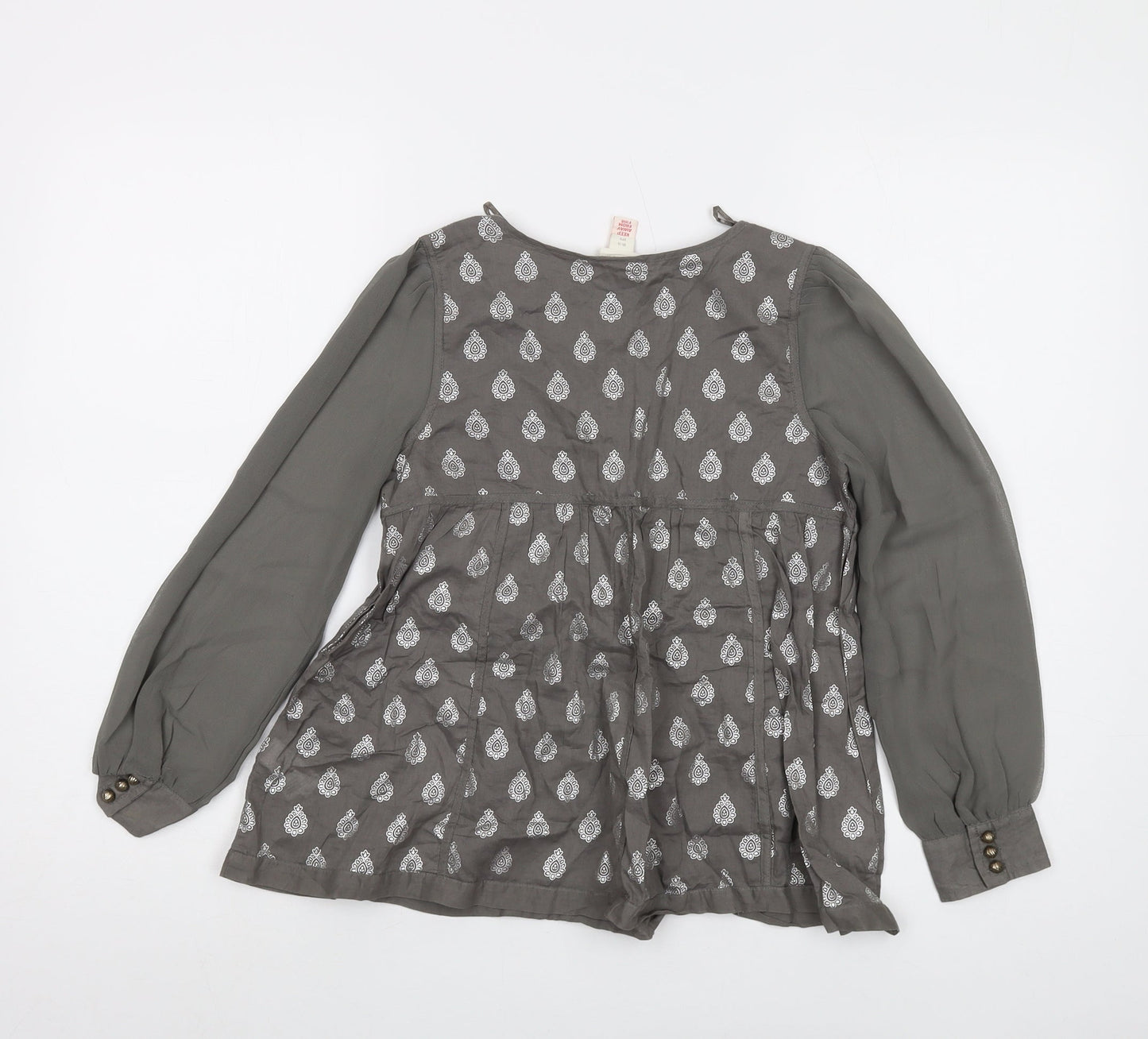 Monsoon Girls Grey Geometric Cotton Basic Blouse Size 10-11 Years V-Neck Button