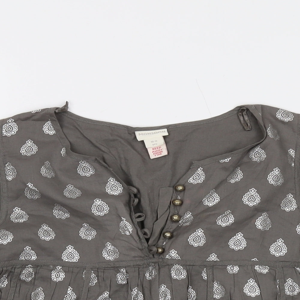 Monsoon Girls Grey Geometric Cotton Basic Blouse Size 10-11 Years V-Neck Button