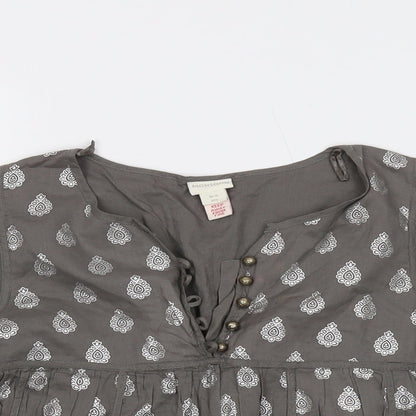 Monsoon Girls Grey Geometric Cotton Basic Blouse Size 10-11 Years V-Neck Button