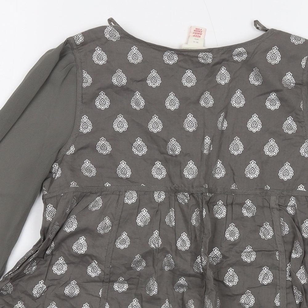 Monsoon Girls Grey Geometric Cotton Basic Blouse Size 10-11 Years V-Neck Button