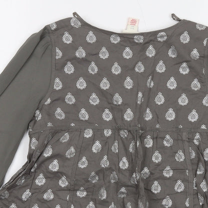 Monsoon Girls Grey Geometric Cotton Basic Blouse Size 10-11 Years V-Neck Button