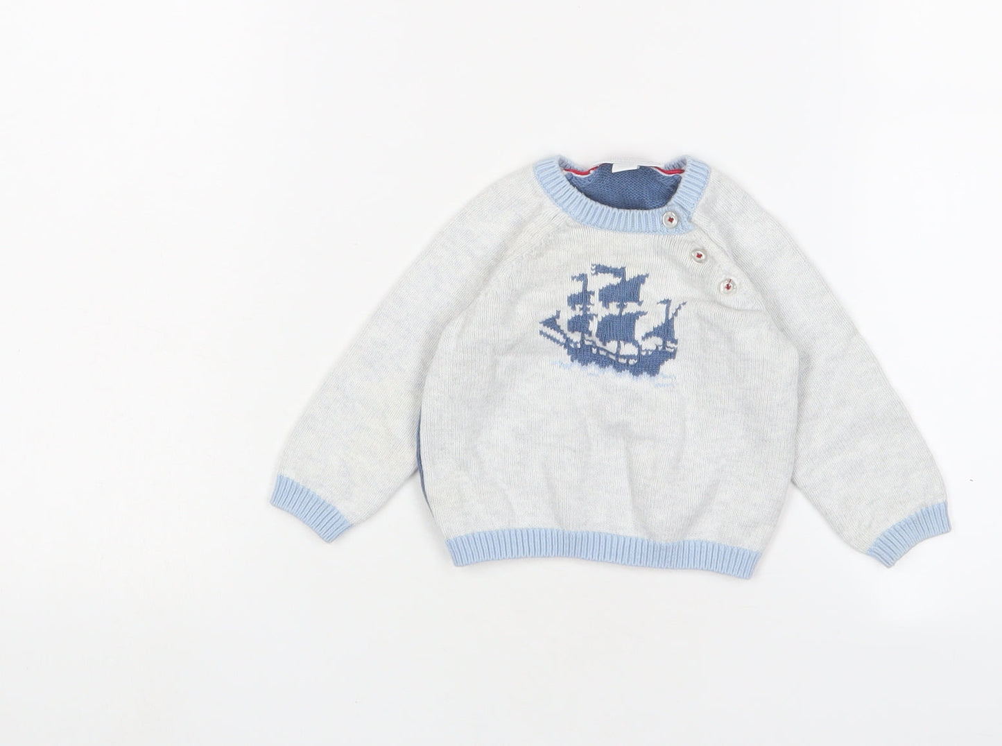 The White Company Boys Grey Cotton Pullover Jumper Size 3-6 Months Button - Boat