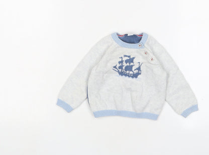 The White Company Boys Grey Cotton Pullover Jumper Size 3-6 Months Button - Boat