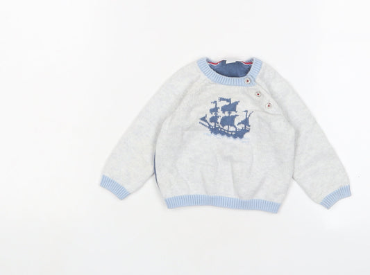 The White Company Boys Grey Cotton Pullover Jumper Size 3-6 Months Button - Boat