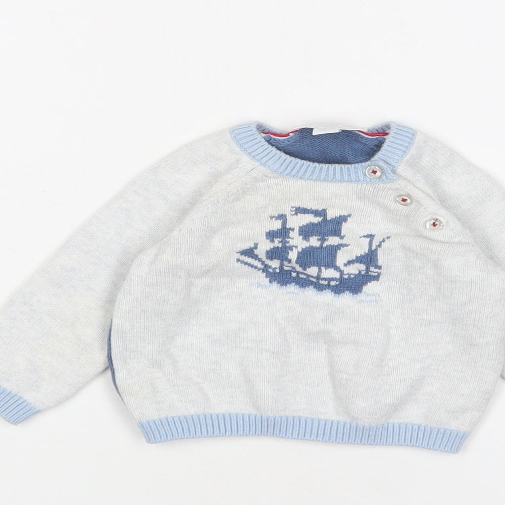 The White Company Boys Grey Cotton Pullover Jumper Size 3-6 Months Button - Boat