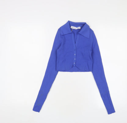 Bershka Womens Blue Polyamide Cropped T-Shirt Size S Collared - Stretch