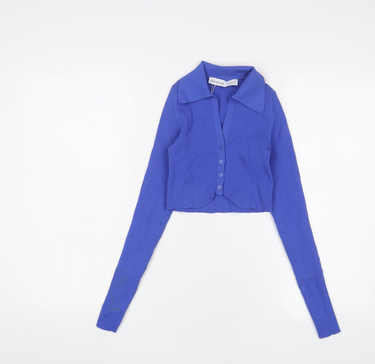 Bershka Womens Blue Polyamide Cropped T-Shirt Size S Collared - Stretch
