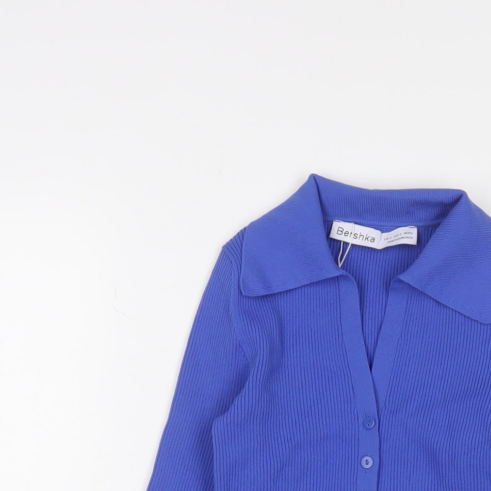 Bershka Womens Blue Polyamide Cropped T-Shirt Size S Collared - Stretch