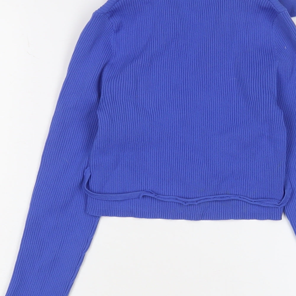 Bershka Womens Blue Polyamide Cropped T-Shirt Size S Collared - Stretch