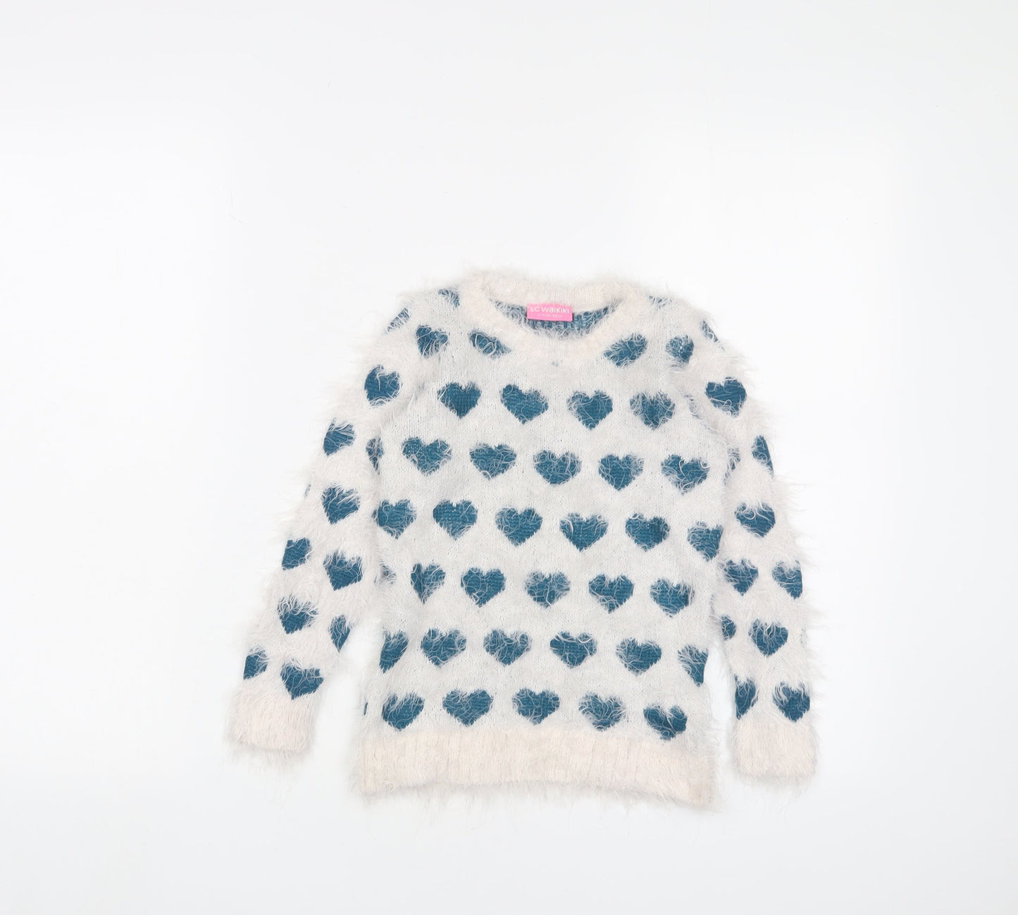 LC Waikiki Girls White Crew Neck Geometric Acrylic Pullover Jumper Size 2-3 Years Pullover - Hearts