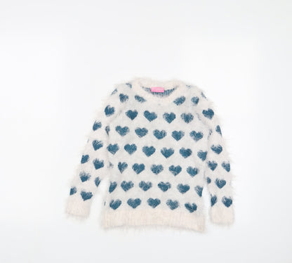 LC Waikiki Girls White Crew Neck Geometric Acrylic Pullover Jumper Size 2-3 Years Pullover - Hearts