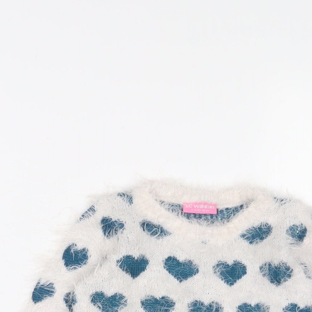 LC Waikiki Girls White Crew Neck Geometric Acrylic Pullover Jumper Size 2-3 Years Pullover - Hearts