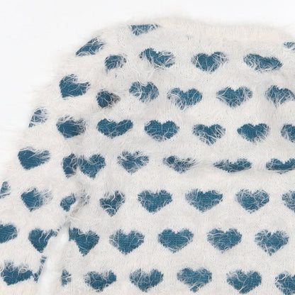LC Waikiki Girls White Crew Neck Geometric Acrylic Pullover Jumper Size 2-3 Years Pullover - Hearts