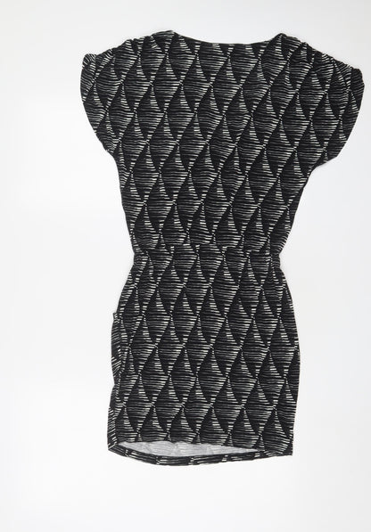 Warehouse Womens Black Geometric Viscose A-Line Size 10 V-Neck Pullover