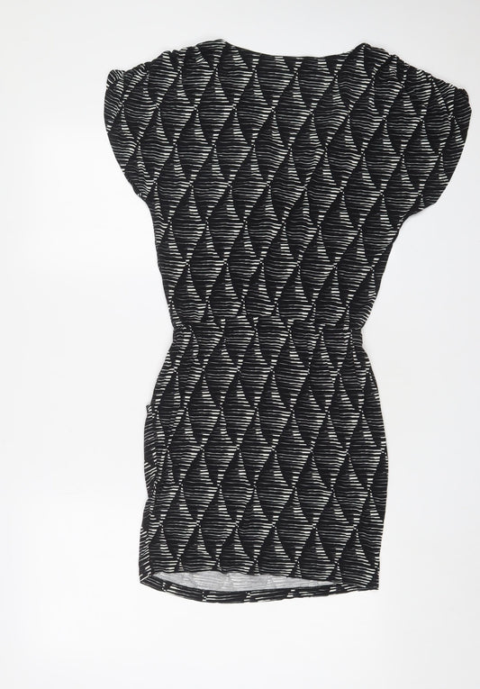Warehouse Womens Black Geometric Viscose A-Line Size 10 V-Neck Pullover