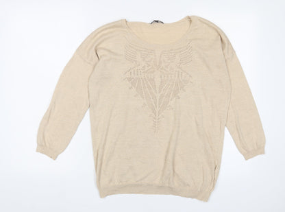Color Block Womens Gold Crew Neck Cotton Pullover Jumper Size M