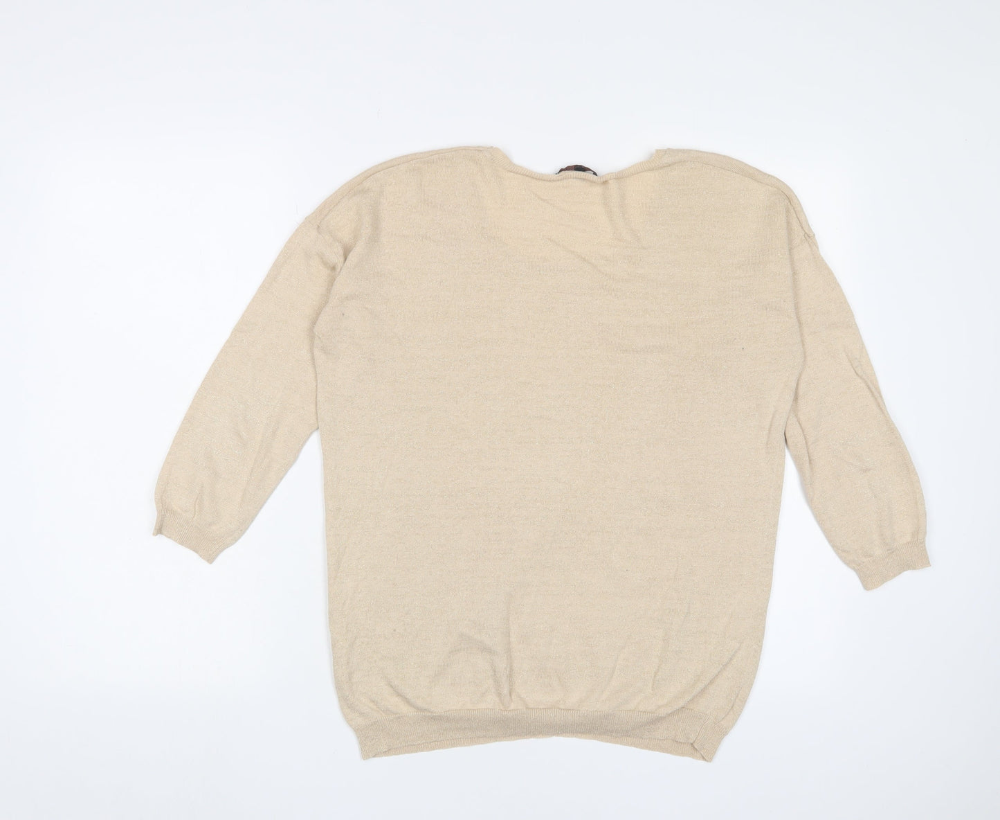 Color Block Womens Gold Crew Neck Cotton Pullover Jumper Size M