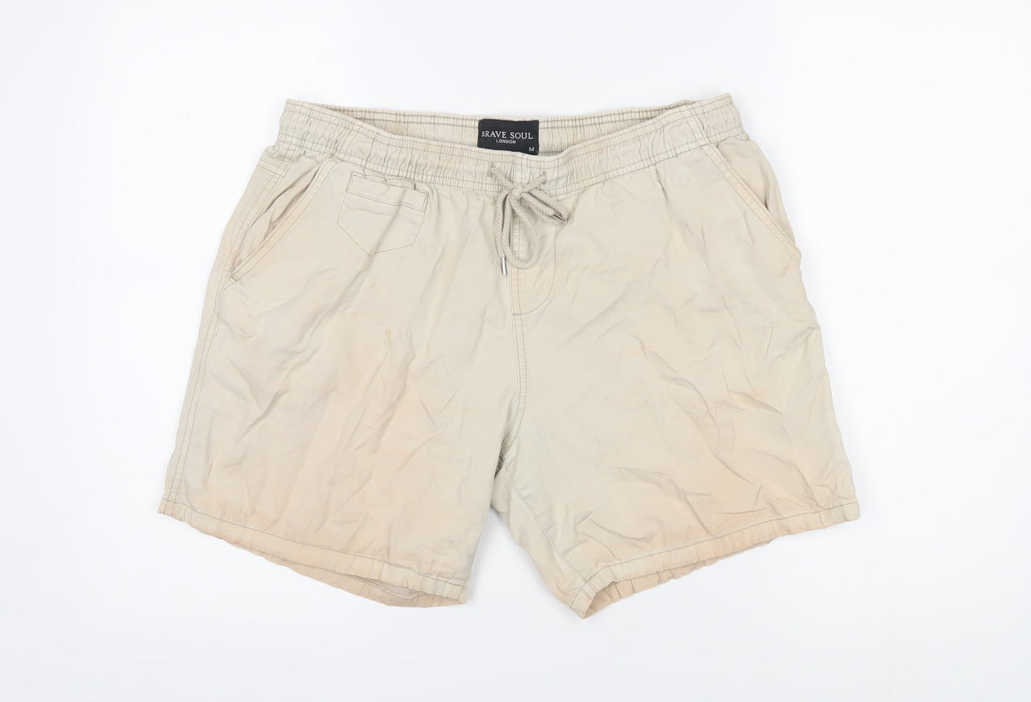 Brave Soul Mens Beige Cotton Bermuda Shorts Size L Regular Drawstring - Elasticated waist