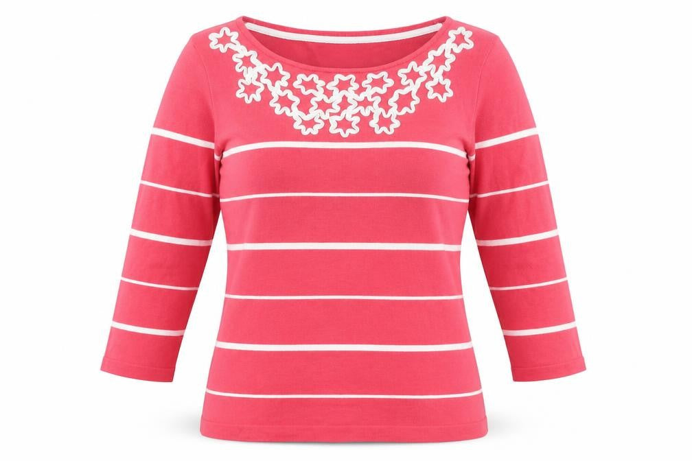 Bonmarché Womens Pink Striped Viscose Basic T-Shirt Size S Round Neck