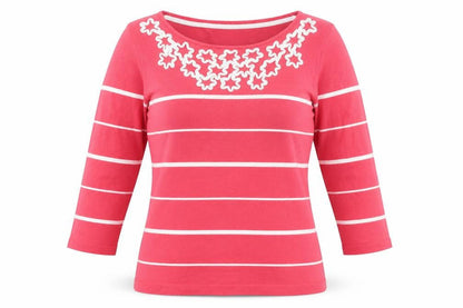 Bonmarché Womens Pink Striped Viscose Basic T-Shirt Size S Round Neck