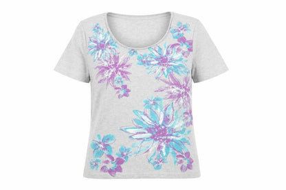 Bonmarché Womens Grey Floral Cotton Basic T-Shirt Size M Round Neck
