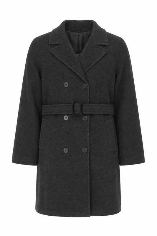 Front view of Anne Weyburn Women's Black Belted Overcoat UK 12