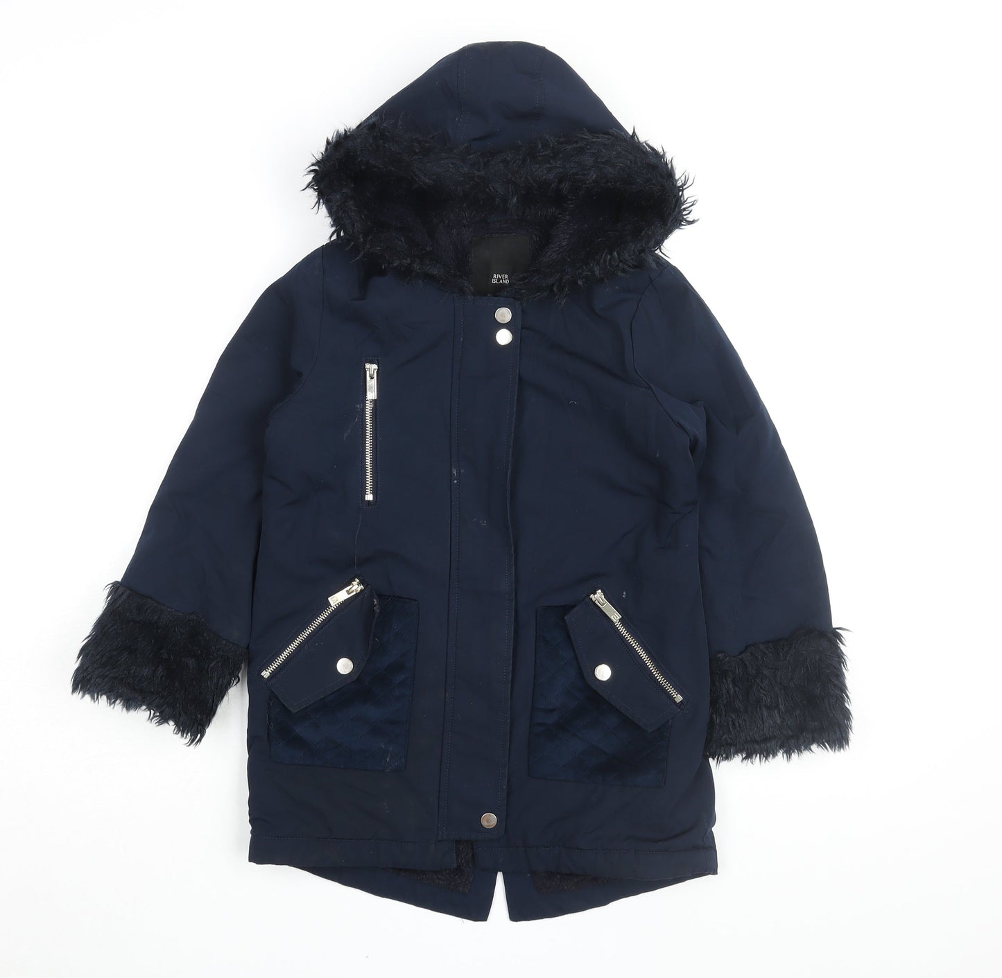 River Island Girls Blue Parka Coat, 7-8 Years, Faux Fur, Winter