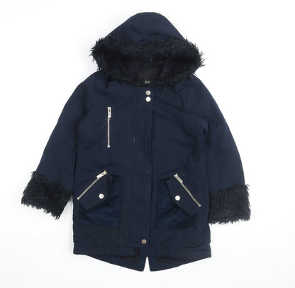 River Island Girls Blue Parka Coat, 7-8 Years, Faux Fur, Winter