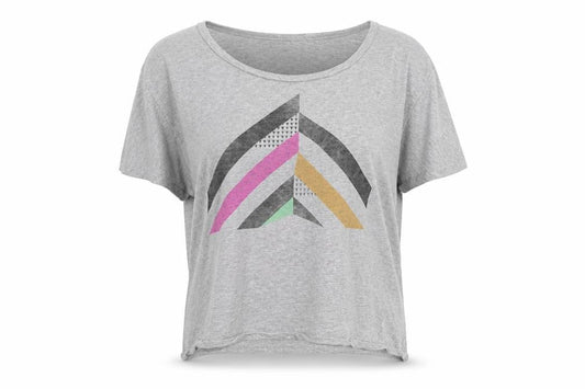 Front view of ICHI Women's Grey Geometric T-Shirt, size S, Casual