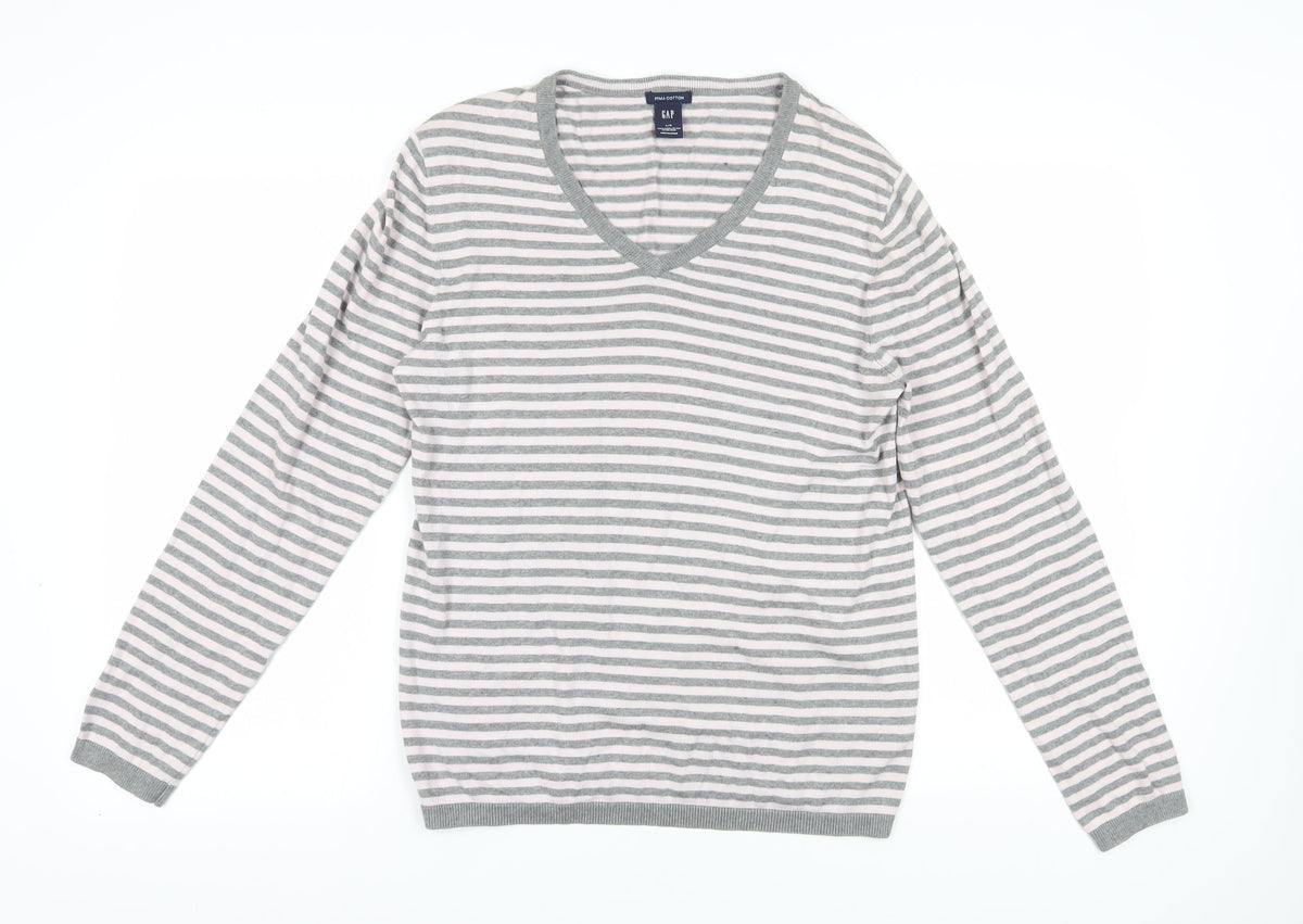 Gap Women's Grey Striped V-Neck Jumper L